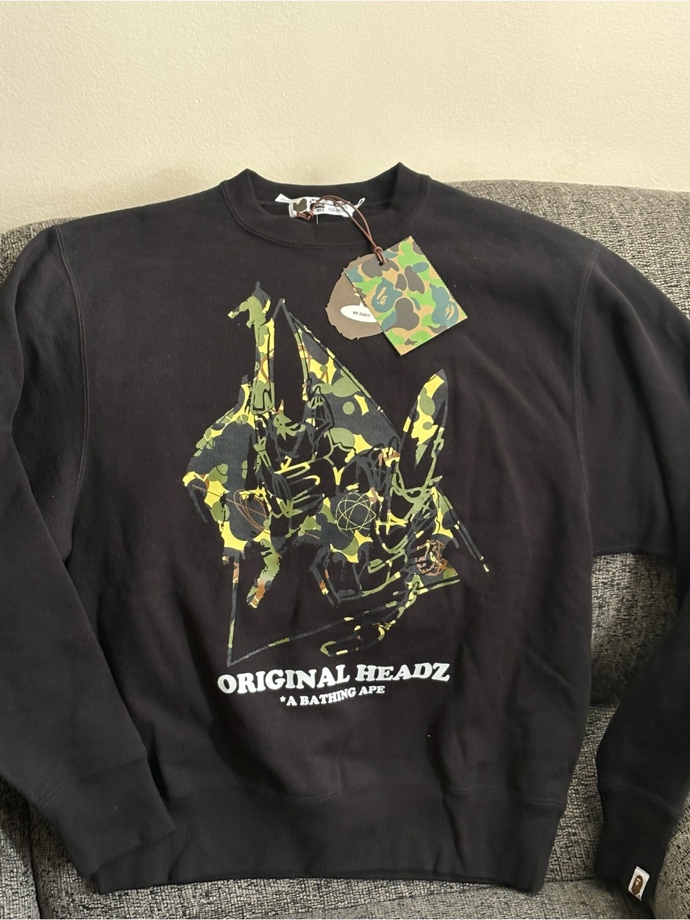 Original Headz Black Crewneck Sweater with Camo Graphic a bathing ape
